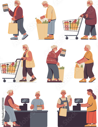 Diverse senior shoppers buying groceries at supermarket checkout purchasing products with shopping cart and bags happy mature customer illustration for retail advertising marketing campaigns healthy l