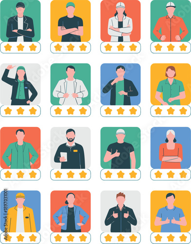Diverse professional team member portraits with positive ratings and review stars feedback excellent service vector illustration for customer satisfaction user experience testimonials employee recogni