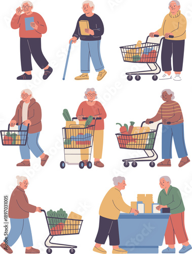 Diverse senior citizens shopping for healthy food groceries at supermarket store elderly men and women with shopping carts buying fresh produce lifestyle concept for retirement living healthcare and n