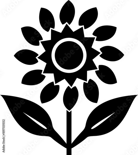 Minimalist Black Sunflower Silhouette Icon Featuring a Central Starburst Seed Head and Symmetrical Leaves for Floral Design and Summer Nature Concepts
