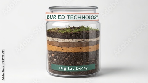 Jar with layered soil and e-waste labeled digital decay