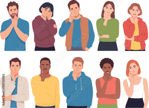 Diverse thoughtful people thinking with hand on chin in pensive mood pondering solution or idea character portraits for business strategy brainstorming session website graphic resource modern vector i