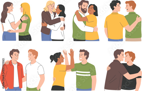Diverse pairs of people hugging and celebrating friendship and love in modern illustration vector for lifestyle content and inclusivity campaigns showing affection and support in various relationship