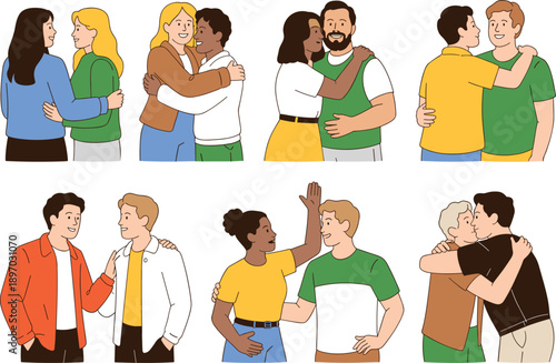 Diverse couples embracing with cheerful expressions in colorful cartoon illustration of interracial and same sex relationships showing affection and support for inclusive family values in modern relat