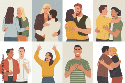 Diverse couples embracing each other in various poses expressing love and affection happiness romantic relationships casual modern lifestyle concept for valentines day greeting cards social media mark