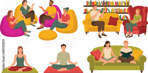 Diverse group of people relaxing in living room reading books meditating and talking on bean bag chairs in modern setting for mental health awareness social connection and wellness promoting work life