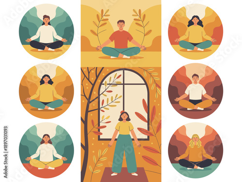 Diverse group of people meditating in various poses for mindfulness and relaxation promoting mental wellness and stress relief in a wellness center or yoga studio for health and lifestyle presentation