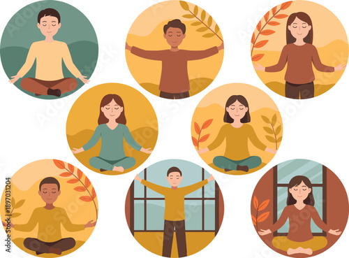 Diverse group practicing meditation mindfulness for stress relief wellness and relaxation in modern studio setting mindful people in yoga poses promoting mental health and wellbeing for corporate well