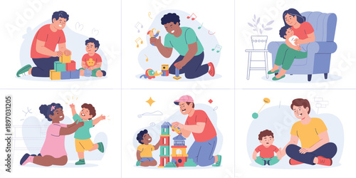 Diverse families spending quality time with children vector illustration of parents playing with kids reading and hugging in a loving home environment showcasing family values and togetherness for par