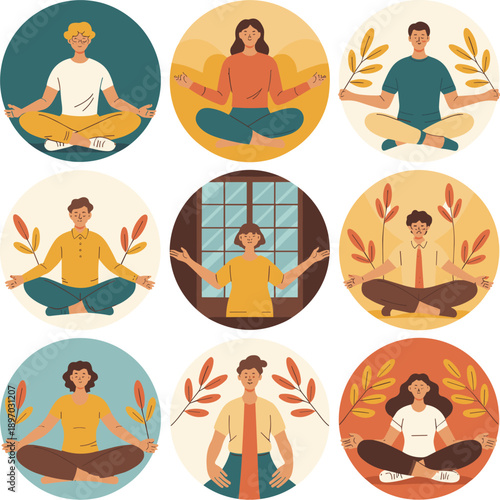 Diverse group of people meditating in various poses and outfits practicing mindfulness for stress relief and mental health wellness in modern flat vector illustration for corporate wellbeing programs