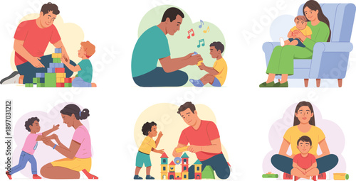 Diverse families spending quality time with young children illustration set parents bonding with kids playing with blocks reading books enjoying childhood motherhood fatherhood concept for parenting b