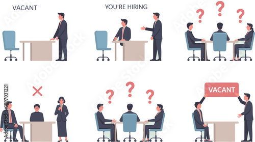 Diverse job candidates in modern office during recruitment process various stages of hiring from vacant position announcement to job interview and candidate rejection for human resources business mana