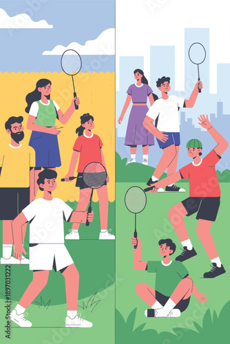 Diverse group playing badminton outdoors in summer cheerfully with rackets in hand enjoying recreational sport activity lifestyle illustration for wellness programs fitness campaigns community engagem