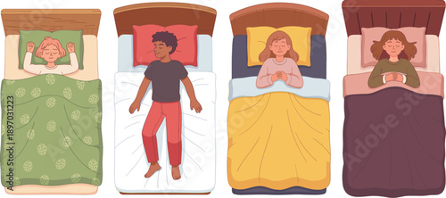Diverse people sleeping peacefully in beds at night illustration various ethnicities and genders resting comfortably dreamland concept for sleep wellness advertising healthcare marketing campaign prom