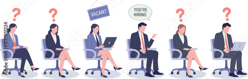 Diverse business people sitting in office chairs with question marks and vacant sign you are hiring speech bubble for recruitment concept human resources talent acquisition employment opportunity pres