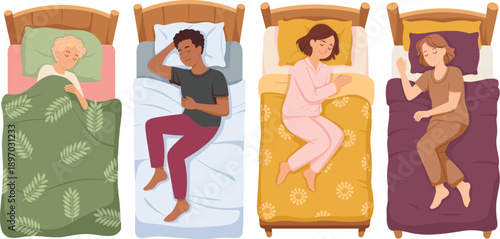 Diverse people sleeping in beds illustration for healthy lifestyle concept in bedroom interior with comfortable bedding and pillows for relaxation and wellness in home apartment for advertising market
