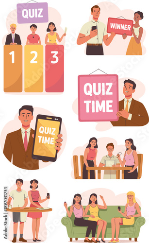 Engaging Quiz Game Show with Diverse Players Competing for Victory in Modern Studio Setting Interactive Trivia Challenge for Entertainment Educational Purposes Group Activity Team Building Fun Competi