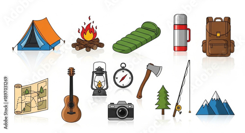 Collection of camping and outdoor adventure equipment and supplies.