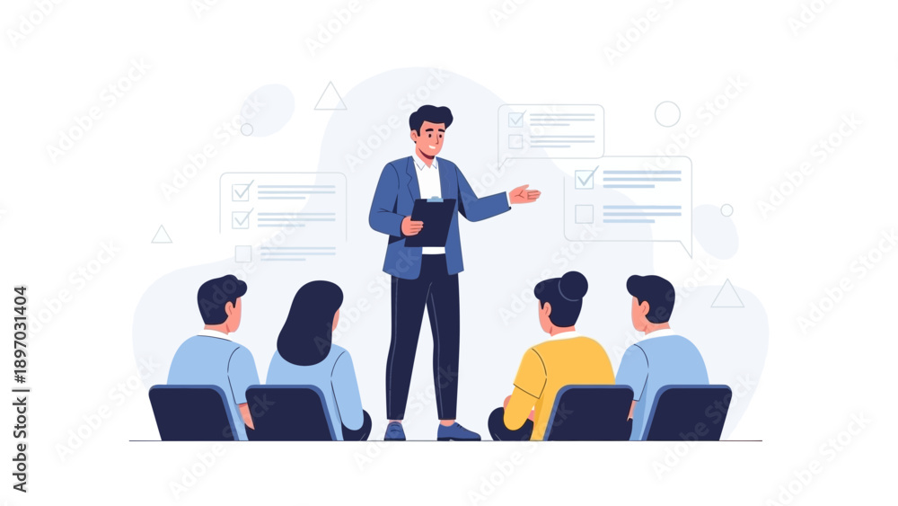 Fototapeta premium Business presentation with speaker and audience in a modern office, vector illustration