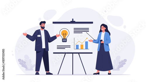 Business presentation with graph and lightbulb idea on whiteboard
