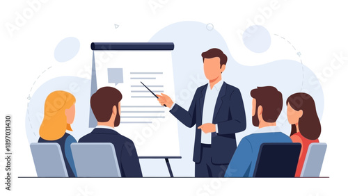 Business presentation with speaker and audience in meeting room, flat design illustration