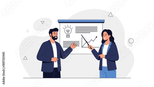 Business presentation with team, pointing at growth chart and lightbulb idea on board