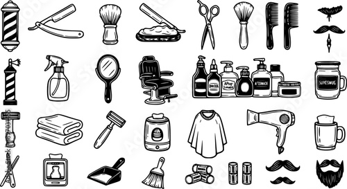 Black and White Line Art Icons of Barber Shop Tools and Accessories