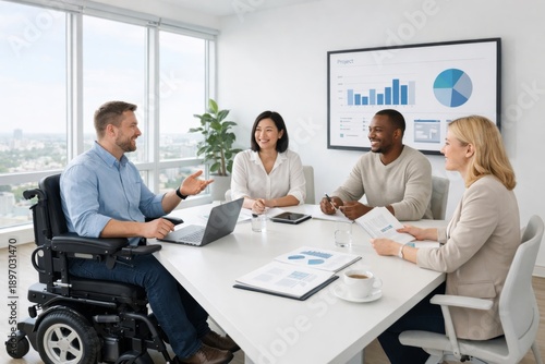 Accessible work meeting with colleagues, one participant using electric wheelchair, discussing project in bright conference room with panoramic windows. inclusive modern business space