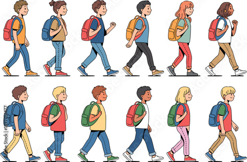 Diverse group of students walking to school with backpacks in cartoon vector illustration showing education commuting and school children ready for learning and knowledge in modern illustration style