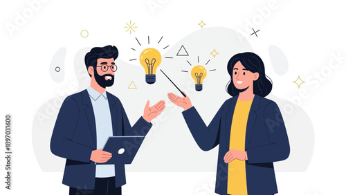 Business team brainstorming ideas, light bulbs symbolizing innovation and creativity