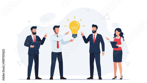 Business team brainstorming, sharing a bright idea symbolized by a glowing lightbulb.