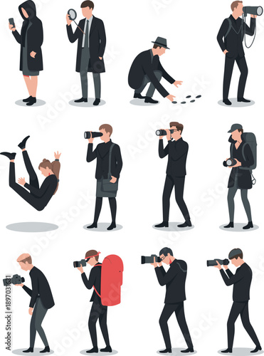 Diverse group of people detectives and photographers in various actions and poses illustration for investigation journalism and surveillance professionals with magnifying glass binoculars and camera f