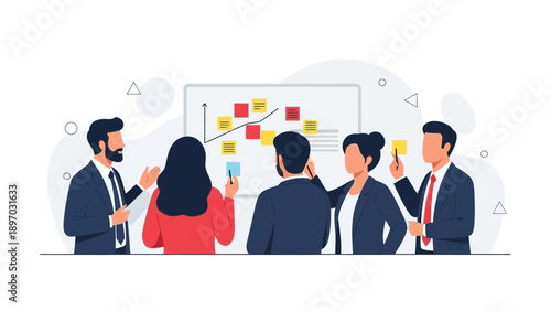 Business Team Collaborating on Project Strategy with Whiteboard and Sticky Notes