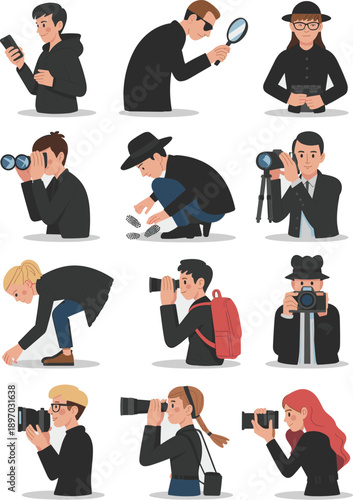 Diverse group of detectives and investigators using various tools for observation and investigation professional vector character illustrations for security agencies and surveillance teams criminal ju