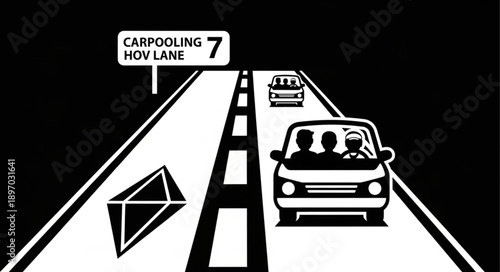 Carpooling HOV Lane Signage on Highway with Cars.