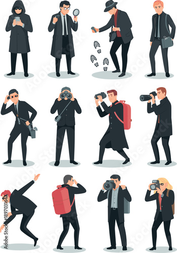Diverse set of cartoon detectives and investigators in various actions searching looking spying photographing and collecting evidence in modern professional vector character illustration for law enfor