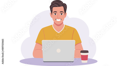 Smiling young businessman working on laptop computer in modern office space professional remote employee character illustration for corporate presentations business technology concept happy and confid