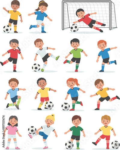 Diverse group of cartoon kids playing soccer football game vector illustration set of multiracial children having fun kicking soccerball training for youth sports and recreation healthy lifestyle acti