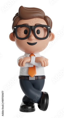 3D Confident Character in Business Attire with Glasses and Orange Tie