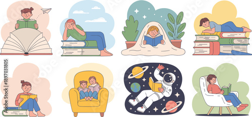 Diverse group of children reading books in various settings illustration collection of inclusive scenes showing kids enjoying literature on books in cozy environments for education and recreational re