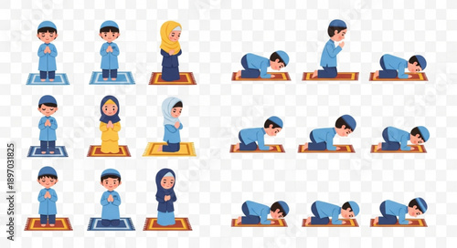 Children Performing Islamic Prayer Salat on Prayer Mats.