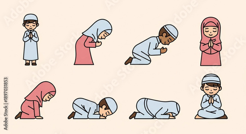 Children Performing Islamic Prayer Salat.