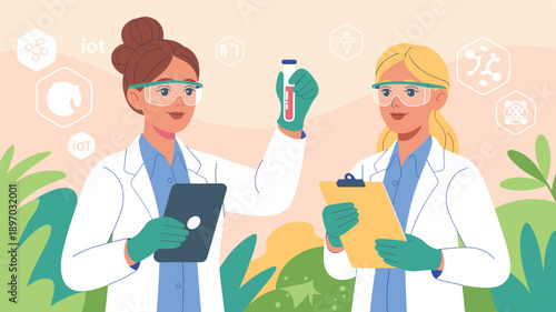 Two female scientists working in modern laboratory examining test tube sample and analyzing data research development professional environment healthcare technology for scientific presentation medical