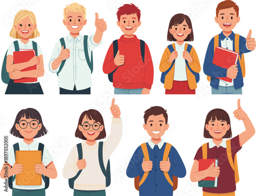 Diverse group of students giving thumbs up with books and backpacks vector illustration for back to school education concept cheerful young learners positive classroom environment student success and