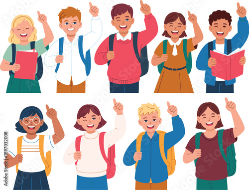 Diverse group of cheerful students raising hands in classroom excited school children with backpacks cartoon vector illustration for education learning studying back to school success knowledge teachi