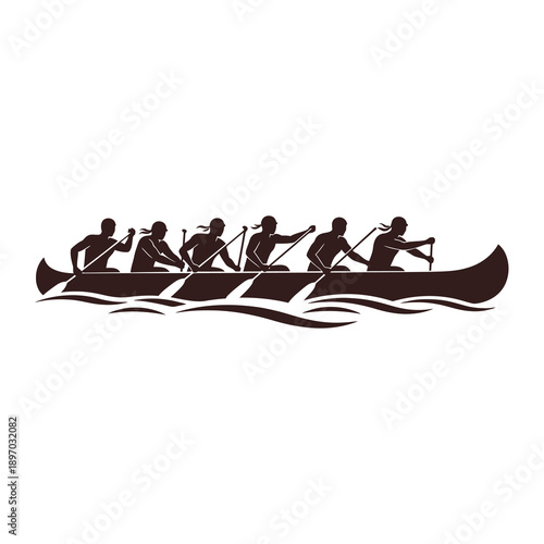 Silhouette of a canoe team paddling in unison on calm waters.