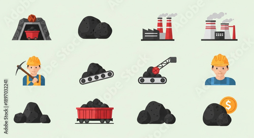 Coal Mining Industry Icons Set Vector Illustration.