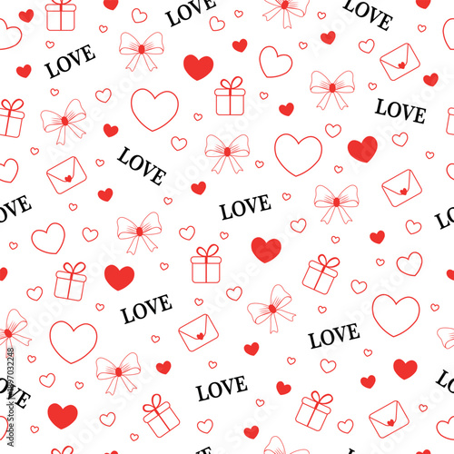 Heart with love lettering, bow and envelope for Valentine’s Day. Romantic illustration for love messages, greeting cards, invitations, gifts, posters and festive designs.