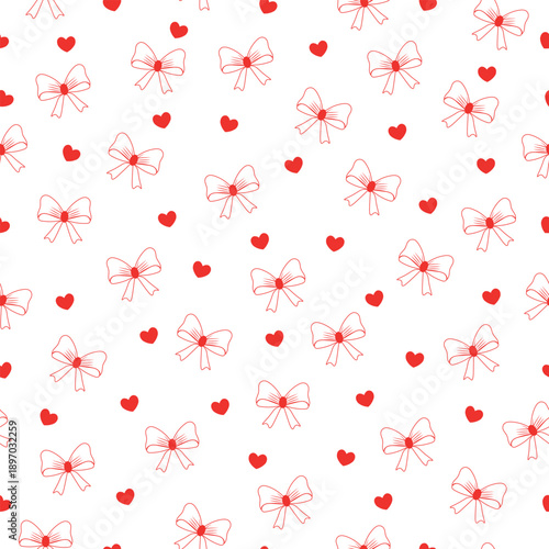 Seamless pattern with red hearts and bow on white background. Romantic repeating design for Valentine’s Day, love decorations, wrapping paper, textiles, cards and packaging.