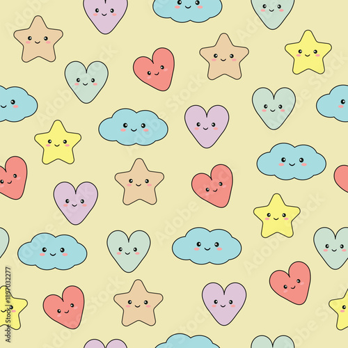 Seamless cartoon pattern with stars, clouds and hearts. Cute childish background for kids design, nursery decor, textiles, wallpapers, wrapping paper and playful illustrations.
